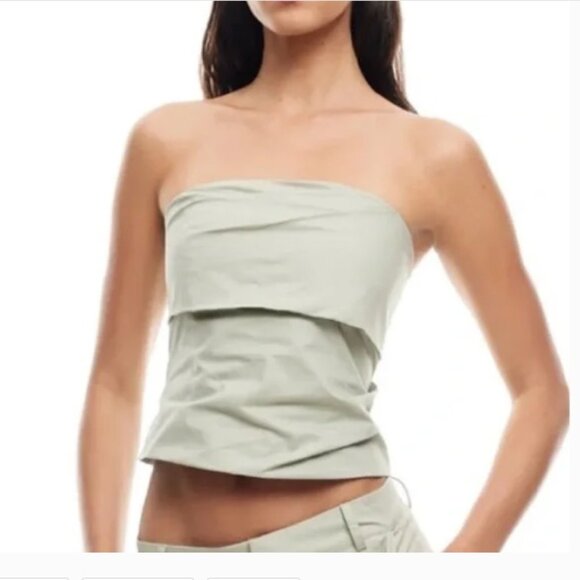 Zara Strapless Pleated Top in Pale Olive Green - Picture 1 of 11